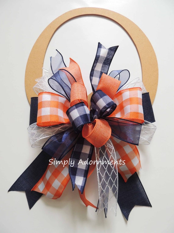 Navy Orange Buffalo Check Bow, Navy Orange Check Bow, Navy Orange Bow, Farmhouse Buffalo Plaid Check lantern Bow, Navy Orange tree bow Il_570xn