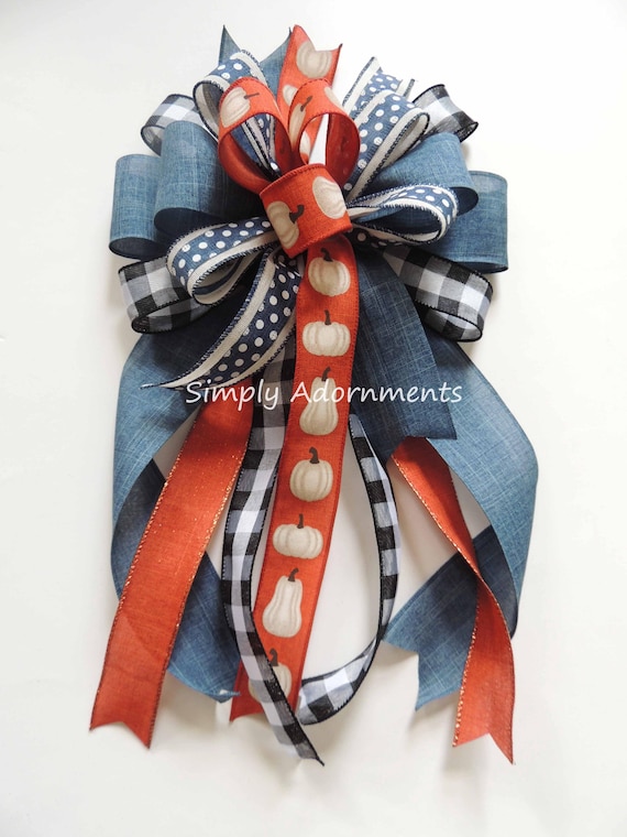 Pumpkin Denim Bow, Denim Pumpkin lantern Bow, Blue denim orange bow, Pumpkin Denim Wreath Bow, Fall Farmhouse Pumpkin Bow, Pumpkin Door bow