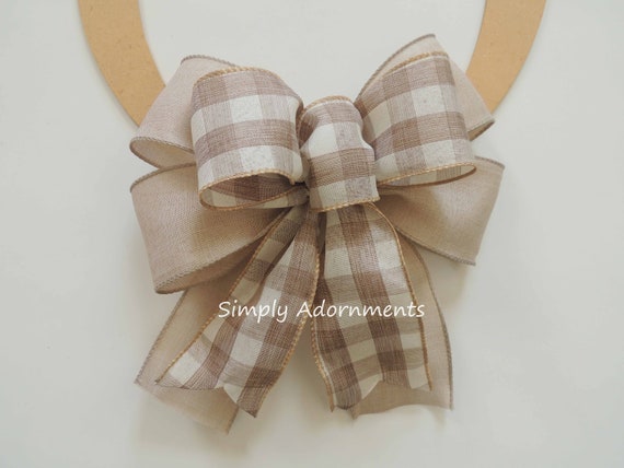 Farmhouse check Bow, Farmhouse Check Bow, Tan and cream Buffalo plaid Bow, Neutral farmhouse bow, Everyday sign door bow, Door hanger bow