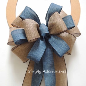 Blue Denim Burlap Ribbon Bow, Farmhouse beige Blue Wreath Bow, Rustic blue Denim Burlap door Bow, Denim blue door Bow, Farmhouse Lantern Bow Dark Blue Denim