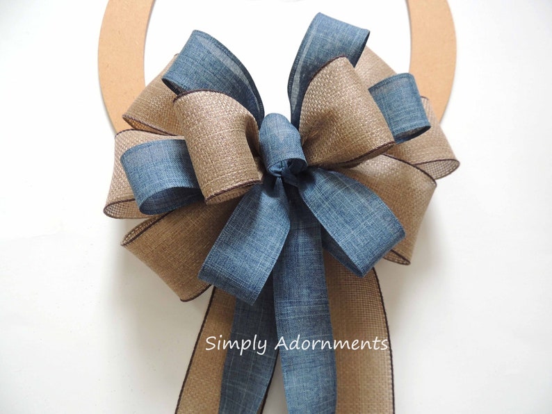 Blue Denim Burlap Ribbon Bow, Farmhouse beige Blue Wreath Bow, Rustic blue Denim Burlap door Bow, Denim blue door Bow, Farmhouse Lantern Bow Dark Blue Denim