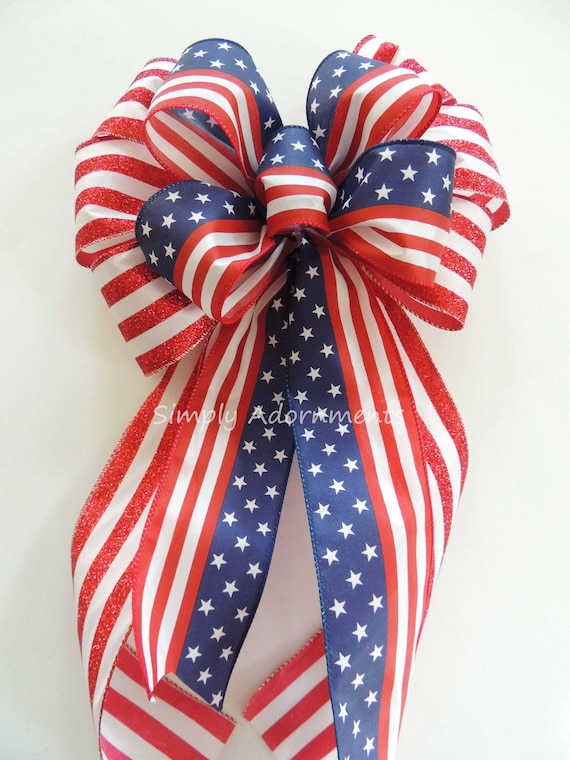 Patriotic Wreath Bow, Stars and Stripes July 4th Door Bow, Fourth of July bow Wired Ribbon bow