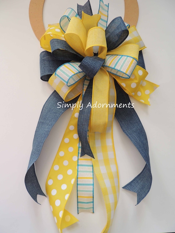 Yellow Denim blue Bow, Patriotic Blue Yellow Wreath Bow, Country Patriotic Bow, Blue Yellow Lantern bow, July 4th Bow, Blue Yellow door bow