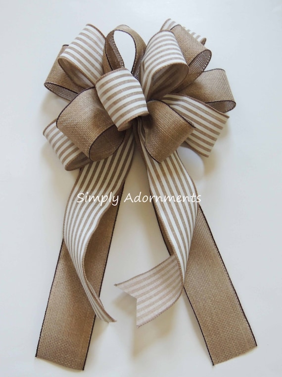 Tan Stripe Bow, Farmhouse Stripes Bow, Ivory Burlap Sign bow, Everyday Farmhouse Bow Bow, Ivory burlap Wreath Bow, Lantern porch bow