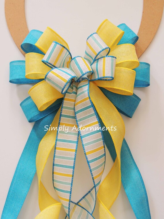 Blue Yellow Stripes Bow, Easter Wreath bow, Spring Stripes bow, Blue Yellow lantern Bow, Blue Yellow door bow, Yellow blue Porch sign bow