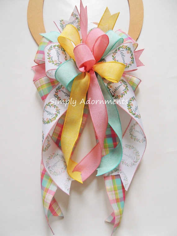 Welcome Pastel Bow, Colorful Spring bow, Pastel Plaid Wreath Bow, Spring Plaid Lantern bow, Pastel plaid Door bow, Spring Birthday gift bow