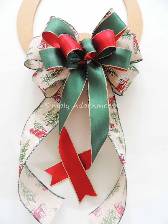 Christmas Red Truck Bow, Green Red Christmas Bow, Farmhouse Christmas Decoration, Winter  Wreath Bow, Lantern Bow