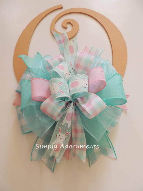 Pastel Easter Bunny Bow, Aqua Pink Easter bow, Aqua Pink Easter Bunny Wreath Bow, Pastel Easter Lantern bow, Easter bunny basket Gift Bow