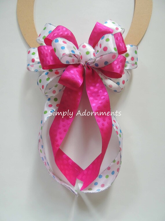 Hot Pink Dots Bow, Easter Bow, Pink Green Blue Dots Wreath Bow, Pink Polka Dots Lantern bow, Birthday Wreath bow, Hot pink Basket Gift Bow