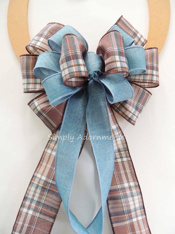 Brown Blue Plaid Bow, Fall Plaid Wreath Decor, Farmhouse Wreath Bow, Farmhouse Plaid bow, Lantern Bow