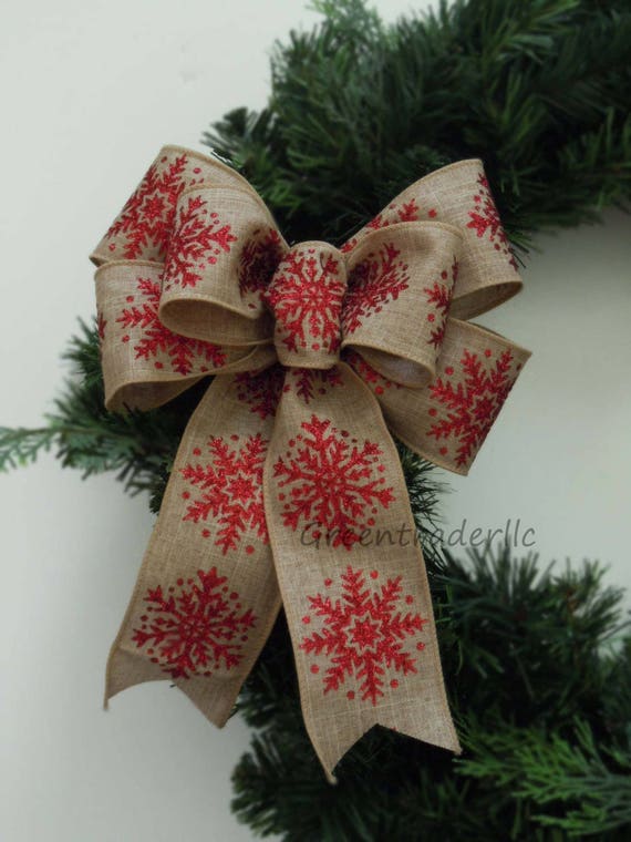 Burlap Christmas Bow, Rustic Burlap bow, Snowflakes Christmas bow, Christmas Wreath Bow, Ornament tree Bow, Christmas Door Bow Door Sign Bow