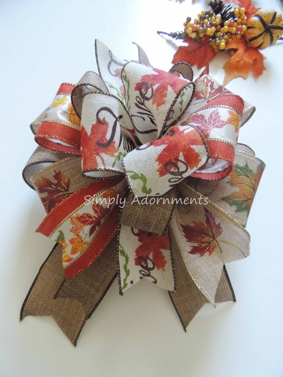 Fall leaf Door sign Bow, Lantern Swag Bow, Give Thanks Scripts Wreath Bows, Whimsical Thanksgiving Wreath Bows, Fall Leaves Door Hanger bow