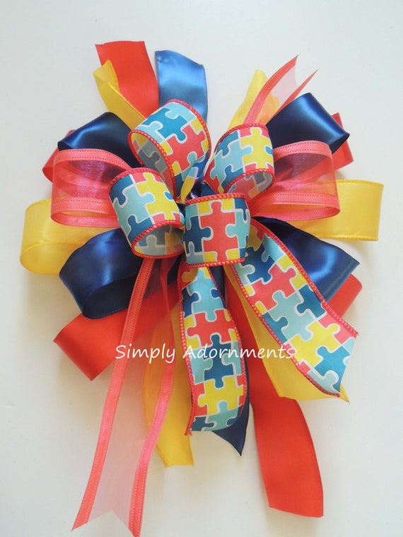 Multi Colored Puzzle Wreath Bows,  Autism Awareness Bow,  Autism Awareness accent Bow, Multicolored Lantern Bow Puzzle door wreath bow