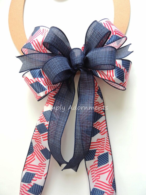 Navy Blue Striped Bow, Navy Red white Bow, Patriotic Lantern Bows, Sign Bow, Wreath Embellishment, Patriotic Decoration