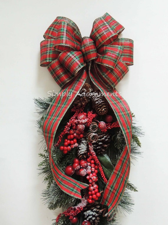 Christmas Plaid Bow, Red Green Gold Christmas bow, Scotch Plaid Christmas Bow, Tartan Wreath Bow, Christmas Plaid Door Bow, Xmas Tree bow