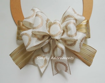 Ivory Gold Bow, Farmhouse Wreath Bow, Ivory Gold Wreath bow, Ivory Gold Gift Bow, Winter Farmhouse bow, Gold Wreath Winter bow door sign bow