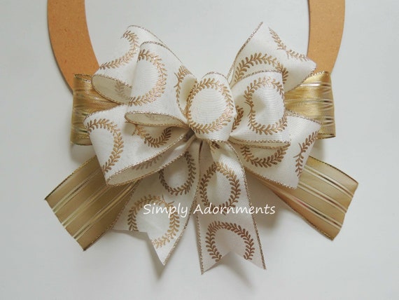 Ivory Gold Bow, Farmhouse Wreath Bow, Ivory Gold Wreath bow, Ivory Gold Gift Bow, Winter Farmhouse bow, Gold Wreath Winter bow door sign bow