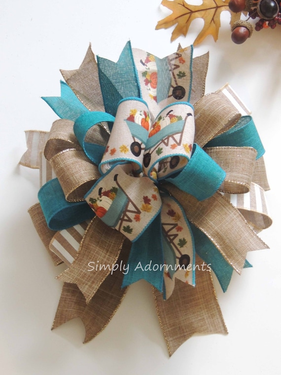 Teal Farmhouse Lantern Bow, Fall Wheelbarrow Wreath Bows, Rustic Fall Teal Door Bow Pumpkinl Wheelbarrow fall Bow Thanksgiving Wreath Bow