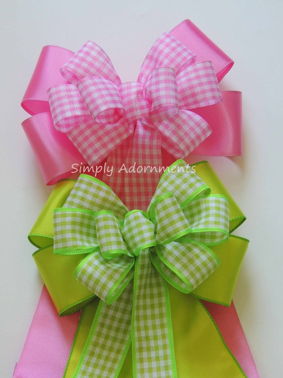 Pink Lime Gingham Easter Wreath Bow Spring Check Bow Easter Door Hanger Bow Pink Green Easter Gift Bow Green Pink Birthday Party Decorations Il_570xn