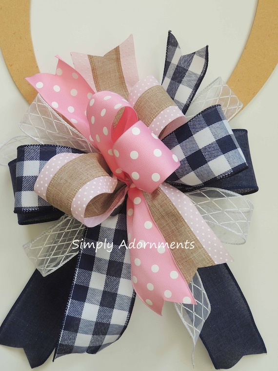 Nautical wreath bow, Navy Pink Door Bow, Nautical Navy Pink Home Decor, Summer Beach Bow, Navy Pink Lantern bow, Porch Sign bow, gift Bow