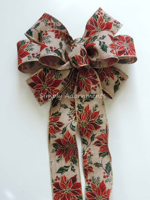 Rustic Red Poinsettia Bow, Rustic Burlap Christmas Poinsettia Wreath Bow, Red Poinsettia Christmas Bow,Poinsettias Door bow, Lantern Bow