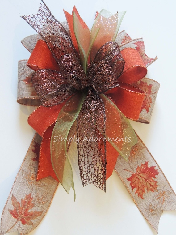 Autumn Wreath Bow, Thanksgiving Wreath Bow, Burnt Orange Fall leaves Bow, Maple Leaves Wreath Bow,  Fall Leaves Door Bow, Fall Lantern Bow