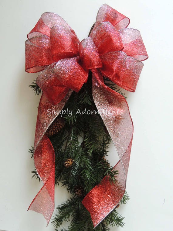 Red Silver Ombre Bow, Red Silver Christmas Tree Top Bow, Red Christmas Wreath Bow, Christmas Staircasse Bow, Red Christmas Sign Bow Gift bow