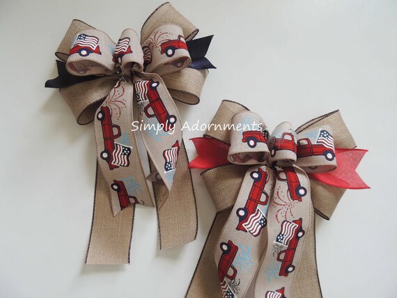Rustic Patriotic truck wreath bow, Vintage Patriotic sparkle Burlap Bow, July 4th door bow, Fourth of July bow, Independence sign door bow