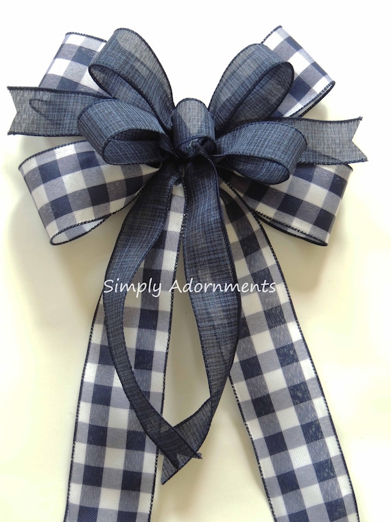 Navy Striped Wired Ribbon Bow, Farmhouse Decor