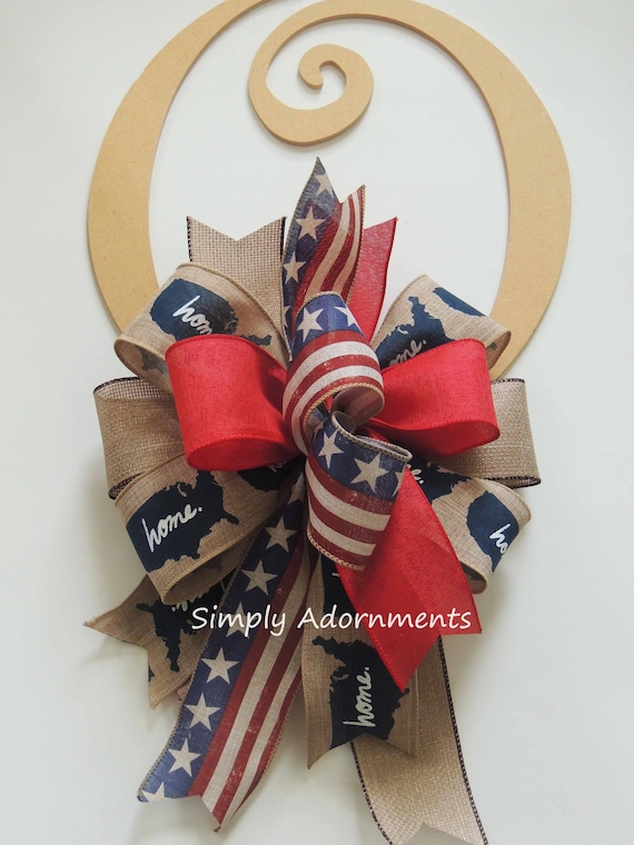 Patriotic farmhouse wreath Bow, July 4th wreath bow, Primitive Patriotic door Bow, Patriotic Lantern swag Bow, famhouse July 4th Door Bow