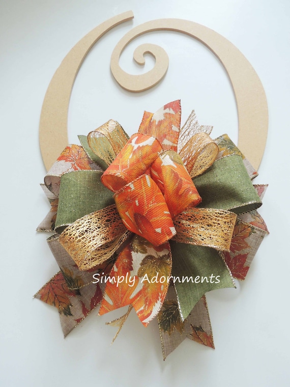 Fall Leaves Bow, Harvest Fall Lantern Bow, Thanksgiving Wreath Bow, Orange Green Fall accent for Wreath, Fall sign door bow welcome sign bow