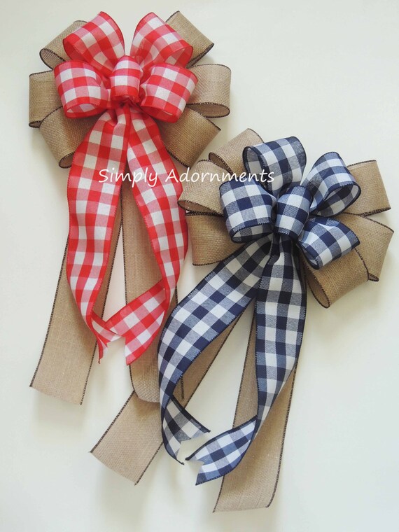 Farmhouse Check Bows, Faux Burlap Buffalo check bow, Navy check bow, Red Buffalo check bow, Rustic Black White Check farmhouse Bow