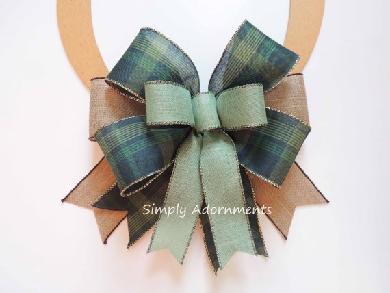 Green Plaid Bow, Hunter mint green Farmhouse Bow, Farmhouse Green Plaid wreath bow, Green plaid door Bow, Hunter Green plaid Lantern bow