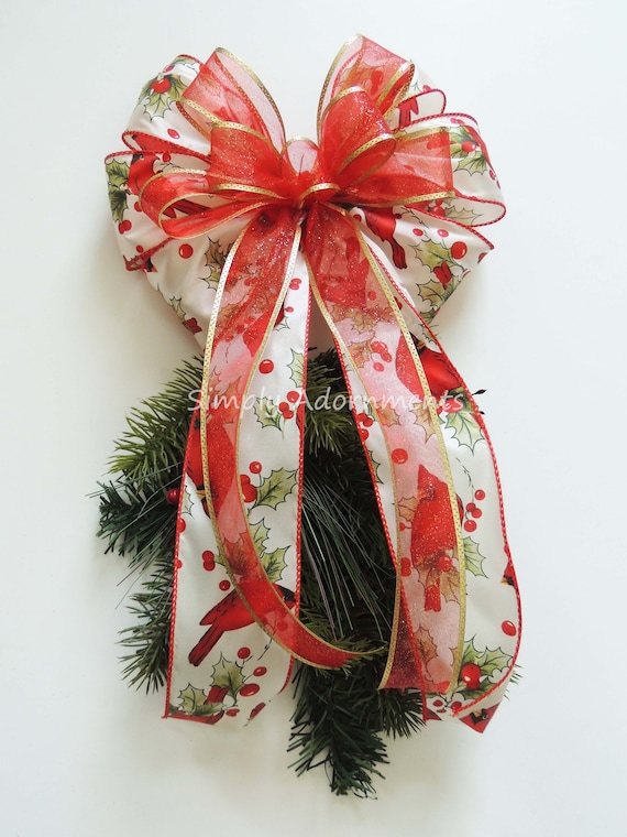 Cardinal Christmas Tree Topper Bow Red Christmas Wreath Door Etsy