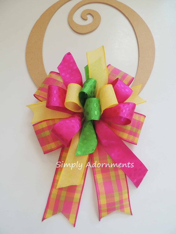 Yellow pink spring Plaid bow, Spring Plaid Wreath bow, Summer Yellow Pink Green wreath Bow, Beautiful Summer Lantern Bow, basket Gift Bow