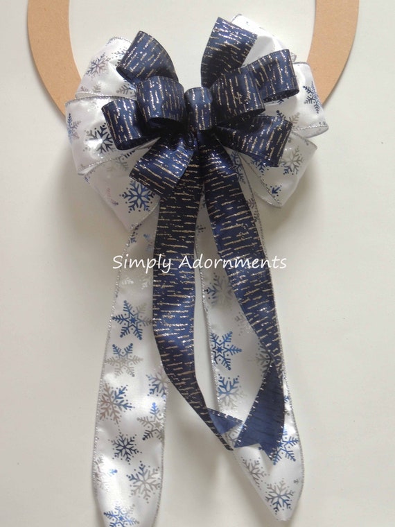 Navy Silver Christmas Bow, Navy Silver Snowflakes Wreath Bows, blue Silver Winter Door bow, Navy Christmas lantern bow, Navy Silver Tree Bow