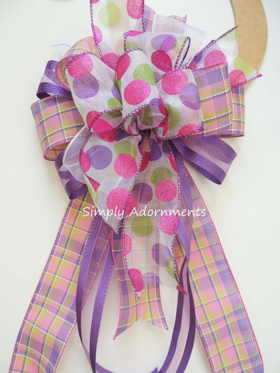 Lavender Pink Bow, Green Spring Dots Bow, Lavender Plaid Wreath bow, Lavender Party Decor, Purple Gift Basket Bow, Polka dots lantern Bow