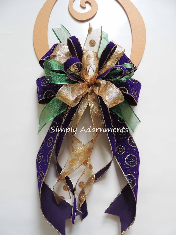 Purple Velvet Christmas Bow,  Velvet Purple Gold Wreath Bows, Mardi Gras Christmas Wreath Bow, Purple gold Gift Bow, Mardi Gras lantern deco