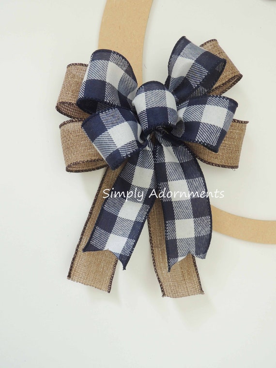 Farmhouse Navy Buffalo Check Gift Bow,  Burlap Navy check door bow, Rustic Navy White Check farmhouse Bow, Rustic patriotic Navy basket bow