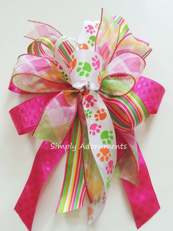 Pink Green Orange Dog paw pattern bow, Dog Paw print Door bow, Dog paw Bow, Dog Paw print accent Wreath bow, Multi colored dog paw Print bow