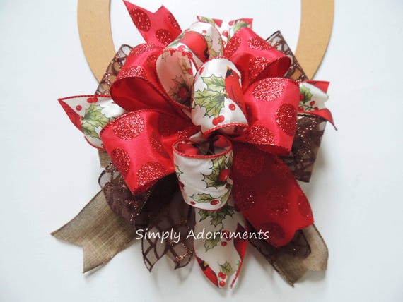 Cardinal Christmas Bow, Red Brown Christmas Tree Topper bow, Cardinal Christmas Tree Bow, Berry Teardrop Swag Bow, Red Berry Lantern Bow