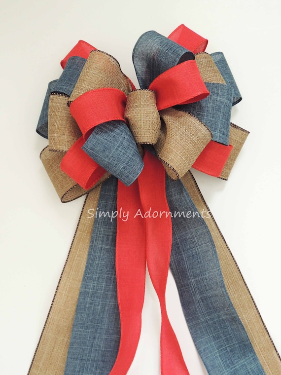 Rustic Patriotic Bow, July 4th Farmhouse bow, July 4th Wreath bow, Patriotic Door bow, Patriotic Wedding Bow, Fourth of July Bow, door bow