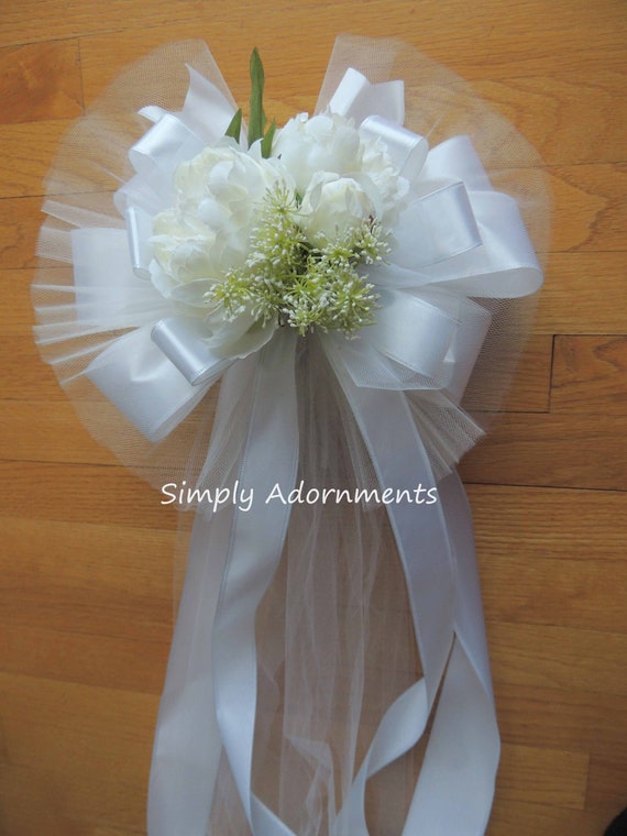 White Peonies satin tulle bow, Large White tulle satin flowers bow, White Wedding Bow, White wedding Door bow, wedding chair Bow, sign bow