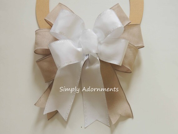 Large White Tan Farmhouse Bow, Tan farmhouse Bow, Tan White Wreath bow, Farmhouse sign Bow Tan White Wedding wreath bow, Farmhouse Door Bow