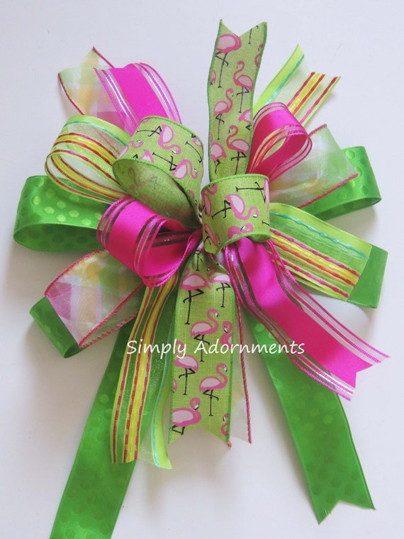 10" Green Pink Flamingo bow Summer Flamingo Ribbon Wreath bow Flamingo lantern Bow Pink Green Flamingo Door Hanger Bow Flamingo Gift Bow Il_570xn
