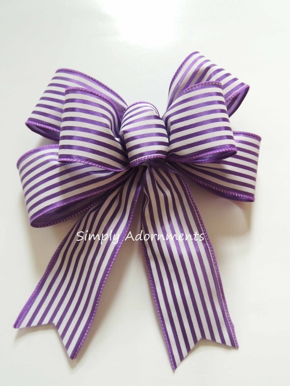 Purple White Stripes bow, Purple white Cabana Stripes Bow, Farmhouse Striped Bow, Purple stripes lantern bow, Stripe themed bow, Door bow