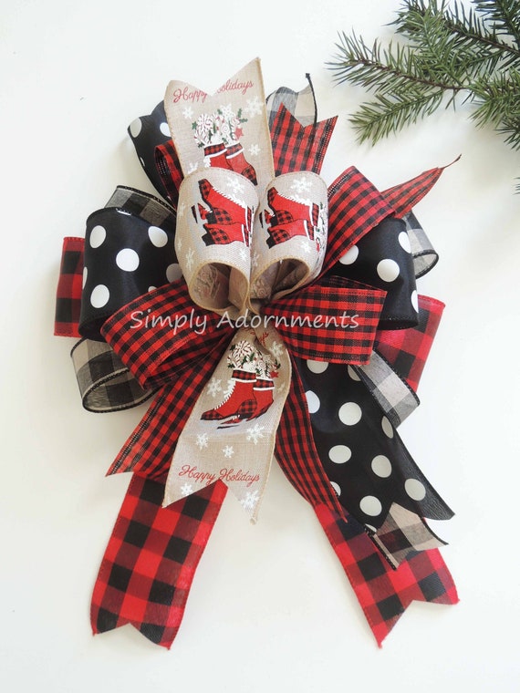 Red black Christmas Bow, Red Check Christmas Tree Bow, Christmas Wreath Bow, Red black Christmas Tree topper, Ice skate Christmas Lantern Bo