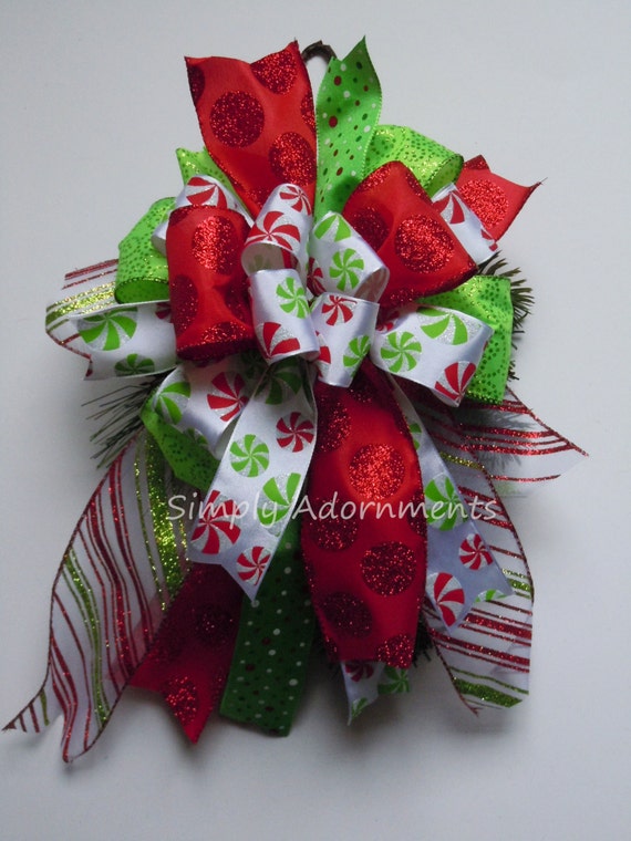 Candy Cane Christmas Bow, Peppermint Christmas Bow, Peppermint Candy Lantern Bow, Red green Candy cane Tree Topper, Christmas Wreath Bow