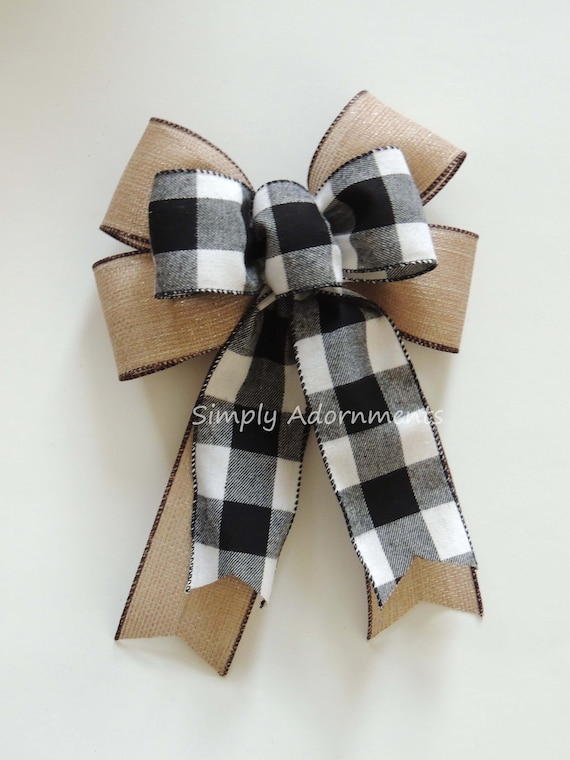 Black Buffalo Plaid Bow, Farmhouse Black check Burlap Bow, Black White Buffalo Check Christmas Wreath Bow, Black White Check Flannel Bow