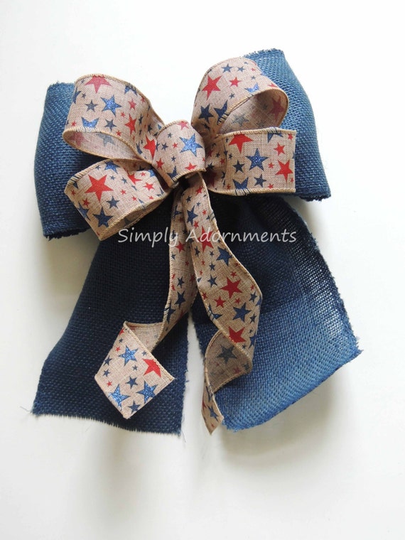 Rustic Burlap July 4th bow, Fourth of July Wreath Bow, Patriotic Burlap Swag Bow, July 4th Door hanger Bow, Rustic Patriotic Home Decoration